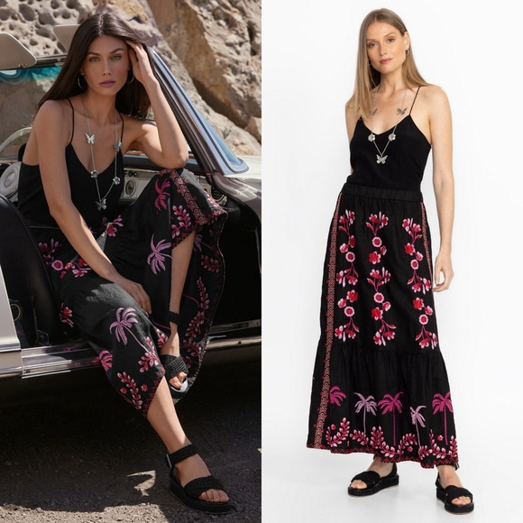 Johnny Was Dresses & Skirts - New Johnny Was Tiered Linen Maxi Skirt Palm Tree Floral Embroidered
